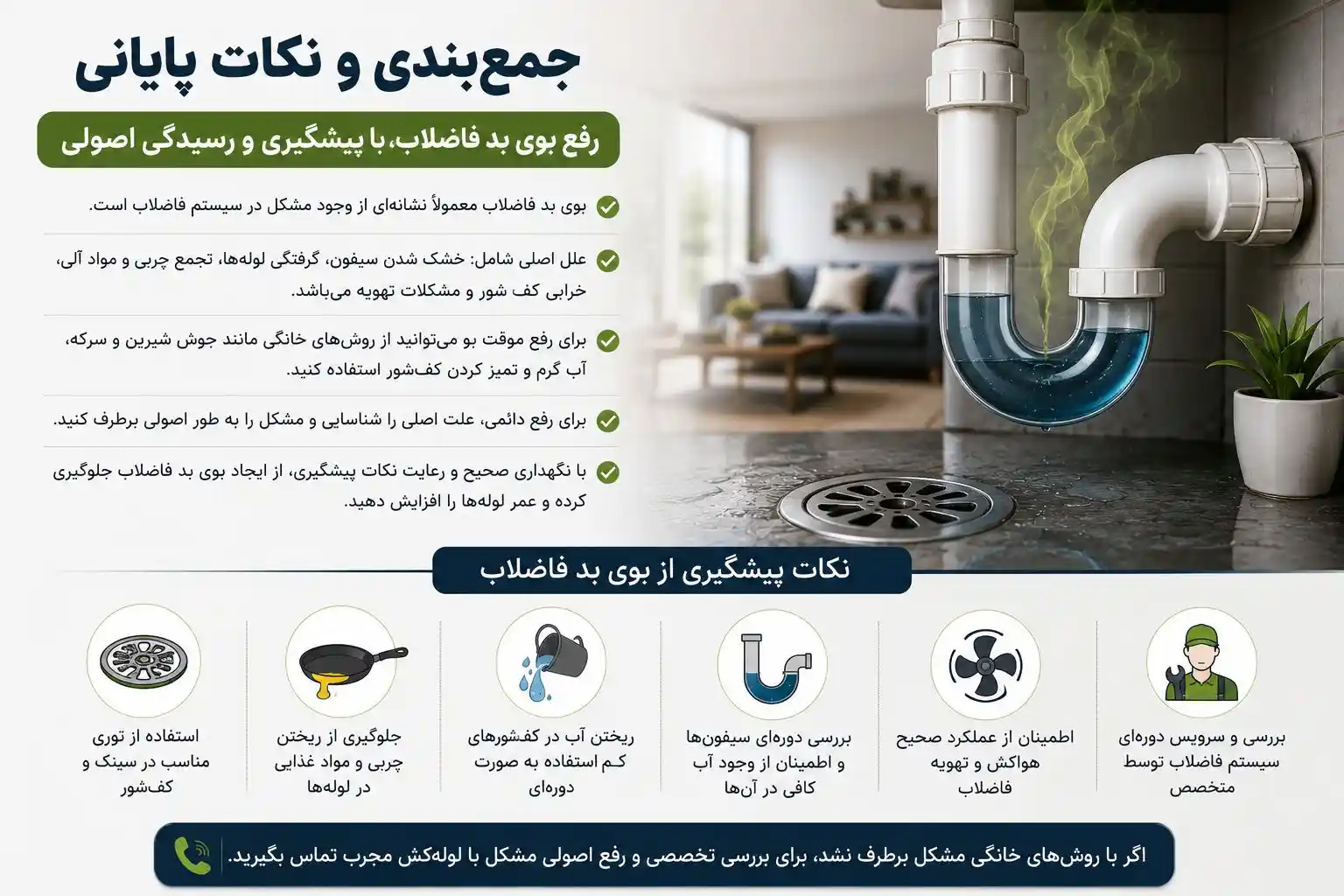 نکات پیشگیری از بوی بد فاضلاب
راهکارهای پیشگیری از بوی بد فاضلاب با نگهداری صحیح لوله‌ها، سیفون و کف‌شور ساختمان