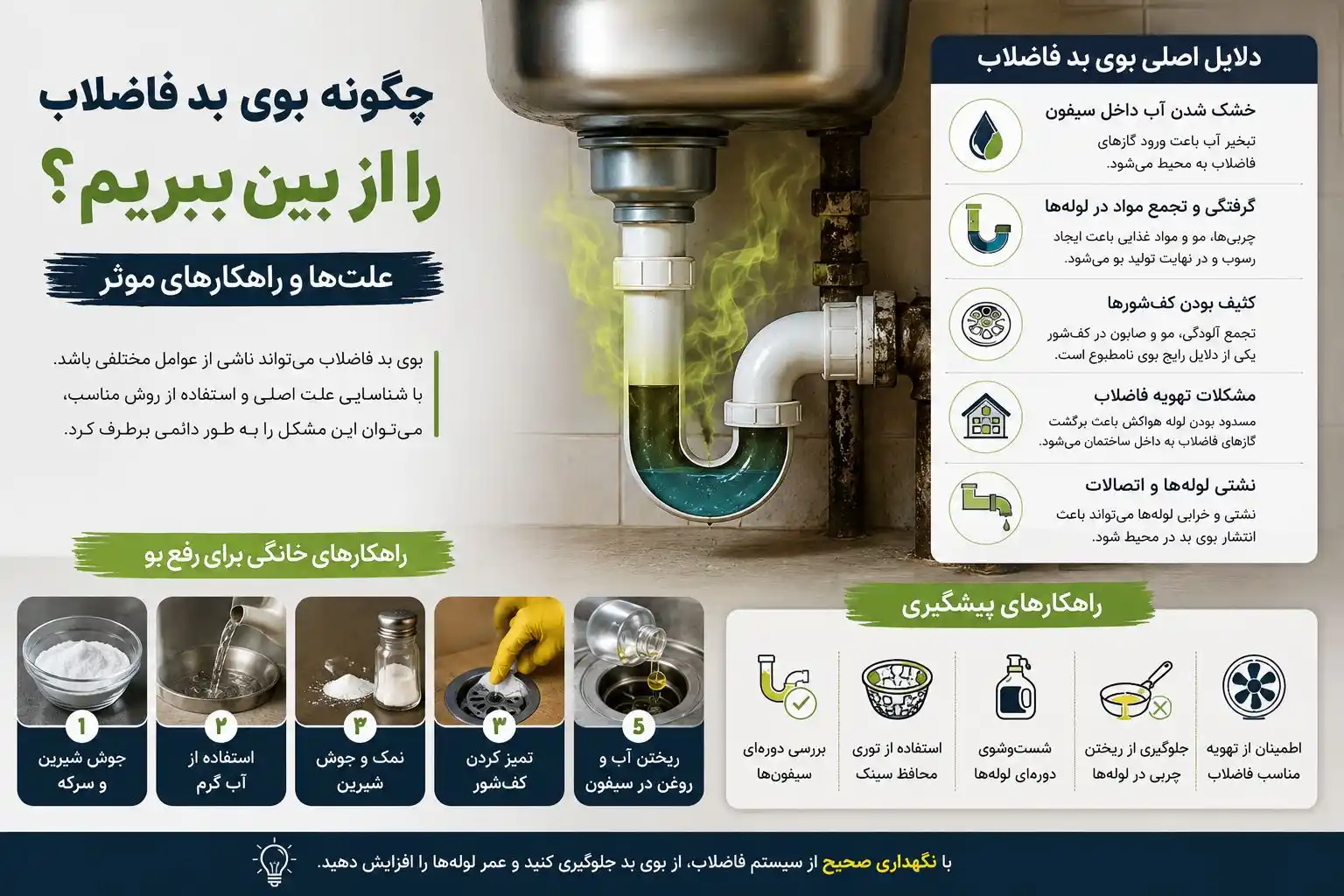 روش‌های خانگی و تخصصی رفع بوی بد فاضلاب
اینفوگرافیک آموزش روش‌های خانگی و تخصصی برای رفع بوی بد فاضلاب و جلوگیری از انتشار بوی نامطبوع